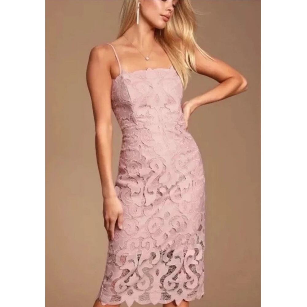 BARDOT Blush Pink Lace Bodycon Midi Spaghetti Strap Cocktail Romantic Chic Dress